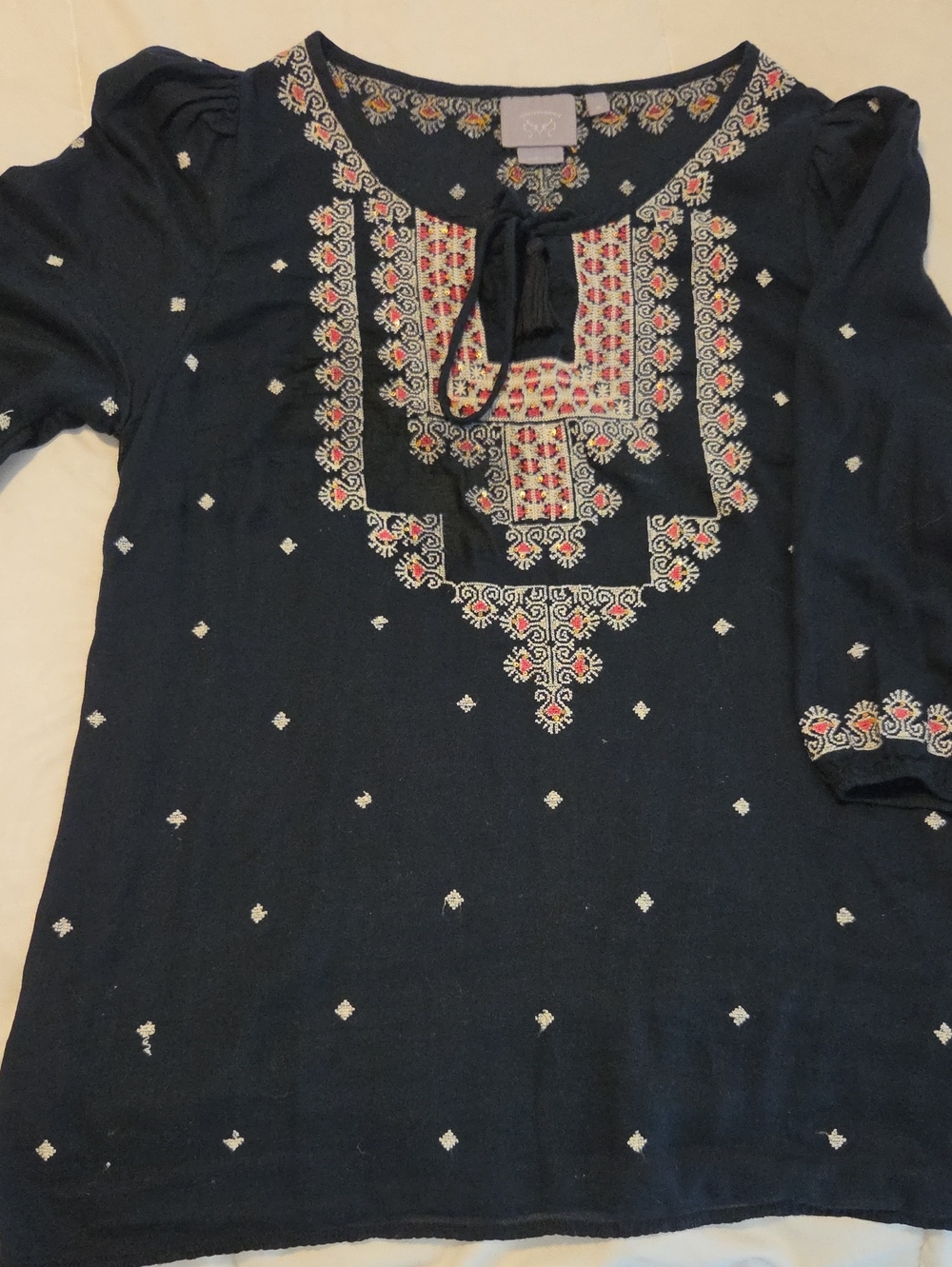 Embroidered Navy Women's Peasant Top